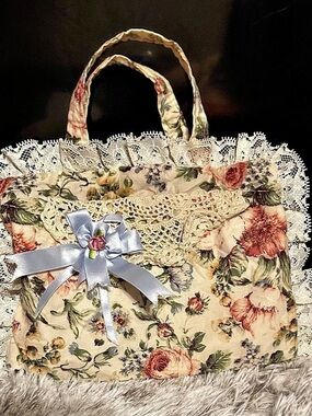Vintage Floral Bible Cover Bag with Lace Trim & Satin Bow Cottagecore